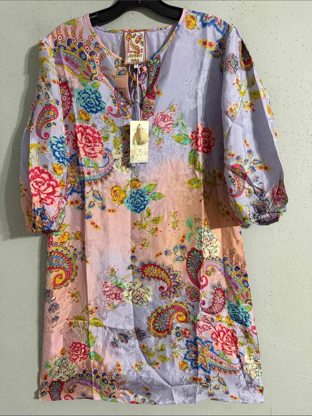 NWT 100%Silk lining Johnny Was Lavender & Peach Floral Paisley mini dress